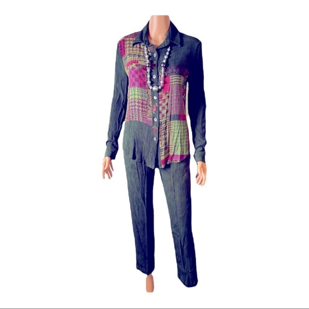 C.M. Shapes Crepe Mixed Fabric LS & Pants Set Sz S